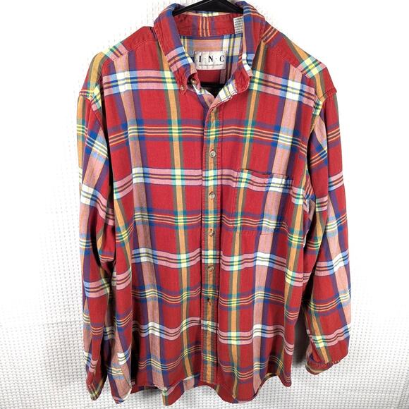 INC International Concepts L Red Multicolor Plaid Button Shirt 100% Cotton Men’s - Picture 1 of 3